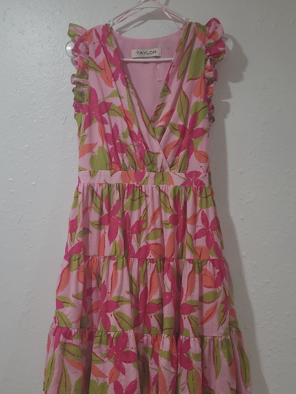 Taylor Pink Floral Tiered Sundress with Green Leaves